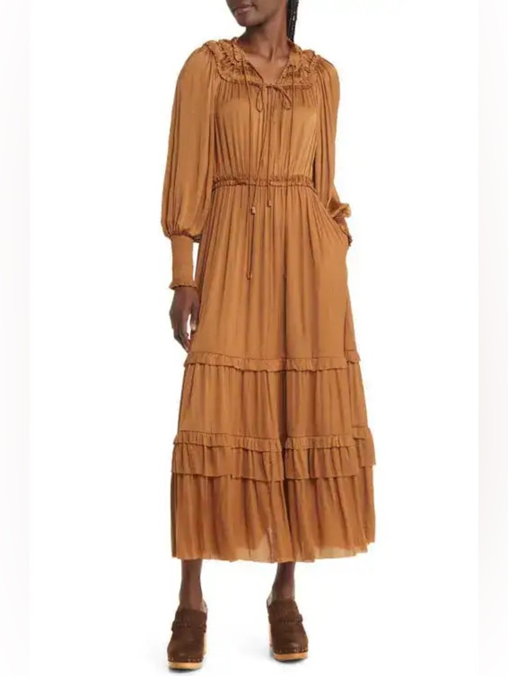 Moon River Long Sleeve Crinkle Satin Maxi Dress Brown/Tan Color Size Small